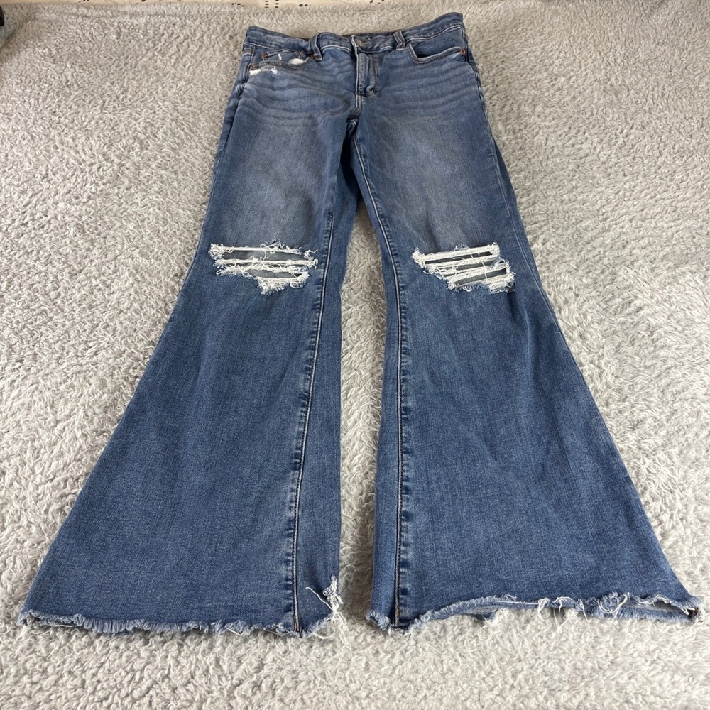 American Eagle Super High Rise Flare Jeans 10 Distressed Medium Wash Stretch
